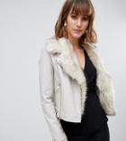 River Island Faux Fur Trim Leather Jacket In Cream - Cream
