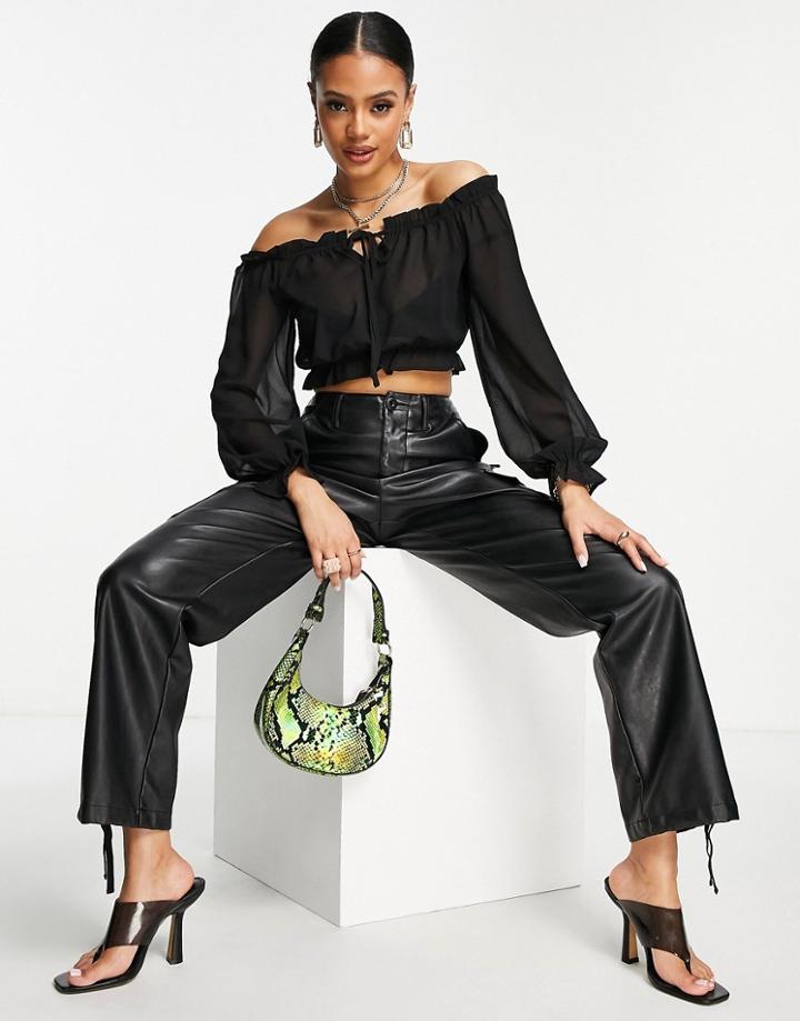 Na-kd Long Sleeve Cropped Frill Top In Black