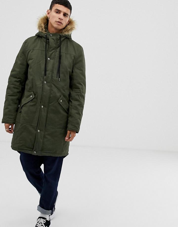 Another Influence Faux Fur Hooded Fishtail Parka Jacket - Green