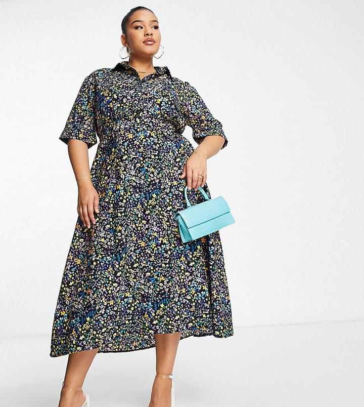Ax Paris Plus Wrap Midi Dress In Ditsy Floral-multi