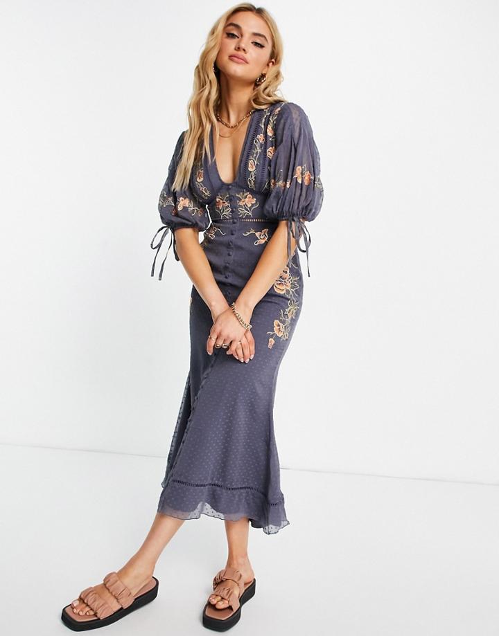 Asos Design Textured Floral Embroidered Midi Tea Dress With Tie Detail-blues