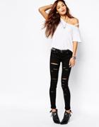 Liquor & Poker Low Rise Skinny Jeans With All Over Rips Shredded - Black
