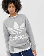 Adidas Originals Oversized Trefoil Sweater In Gray - Gray