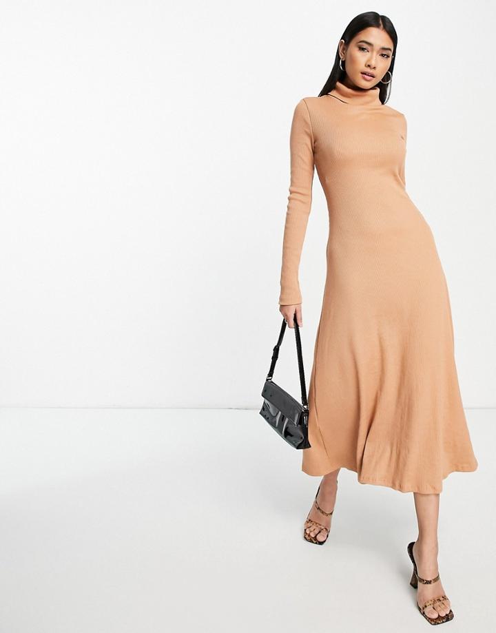 River Island Ribbed Flare Hem Midi Dress In Beige-neutral
