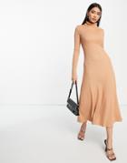 River Island Ribbed Flare Hem Midi Dress In Beige-neutral