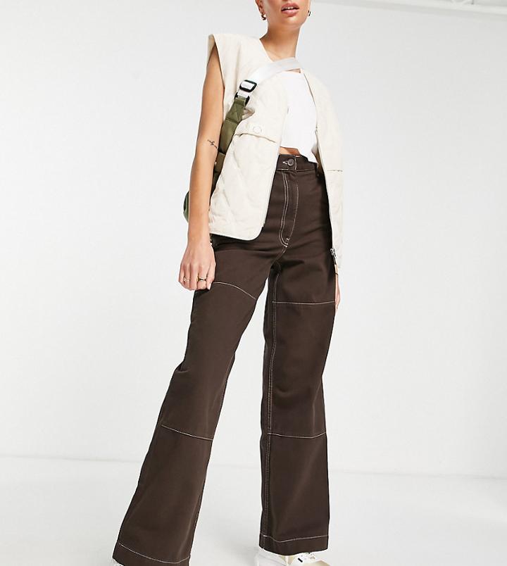Topshop Tall High Waisted Workwear Straight Leg Cargo Pants In Chocolate-brown