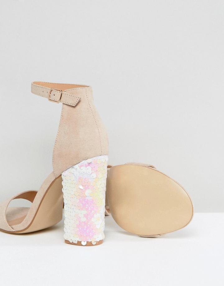 Truffle Sequin Block Heel Sandal - Beige