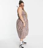 Collusion Plus Shirred Halterneck Gingham Midi Sundress In Brown