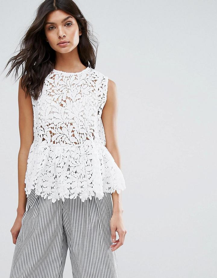 Mango Broderie Lace Frill Top - White