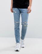 Bershka Skinny Jeans In Mid Wash With Distressing - Blue