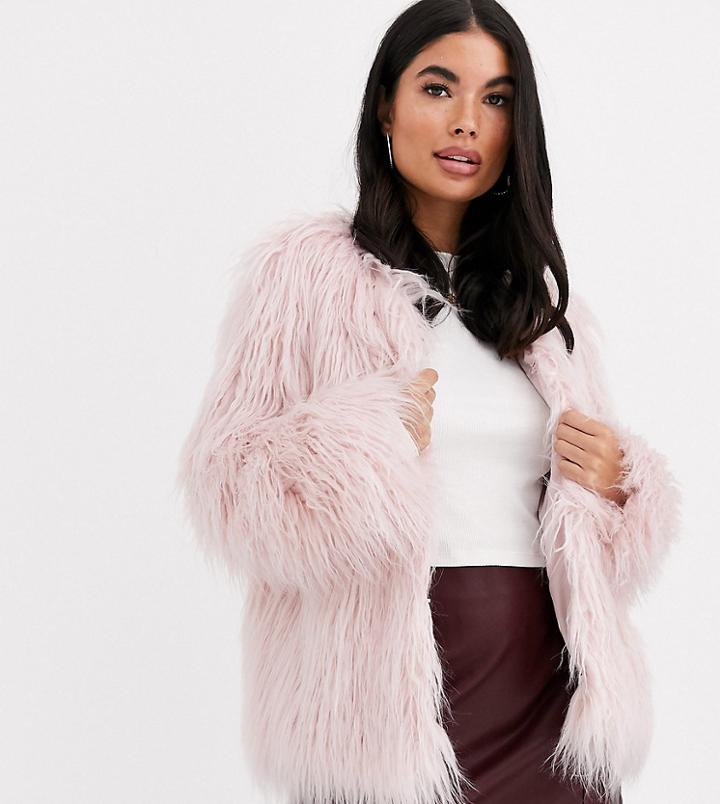 Asos Design Petite Mongolian Faux Fur Coat In Pink