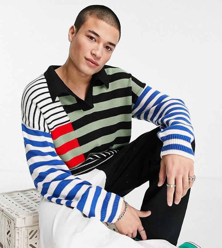 Collusion Knit Polo Sweater In Multi Stripe Print