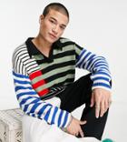 Collusion Knit Polo Sweater In Multi Stripe Print