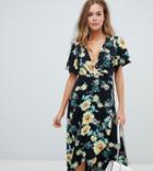 Missguided Wrap High Low Midi Dress In Black Floral - Black