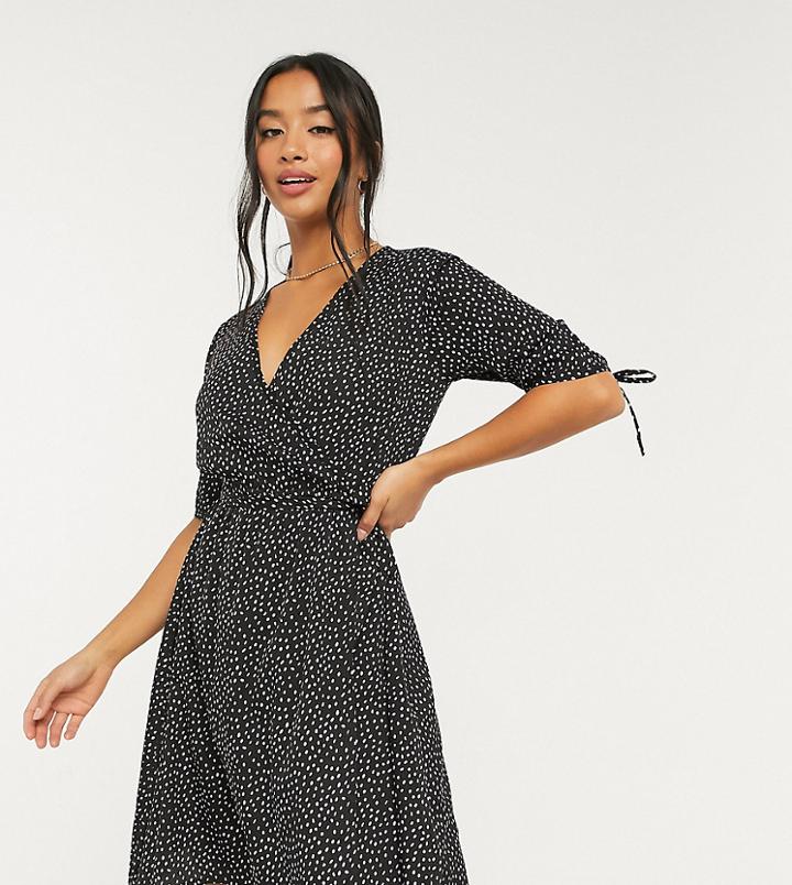 Influence Petite Wrap Dress With Tie Sleeve In Black With Lilac Polkadot Print-multi