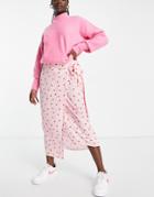Style Cheat Satin Wrap Midi Skirt In Pink And Red Heart Print - Part Of A Set-multi