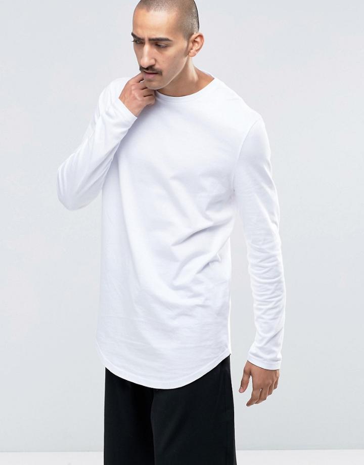 Asos Relaxed Longline Long Sleeve T-shirt With Curve Hem In White - White