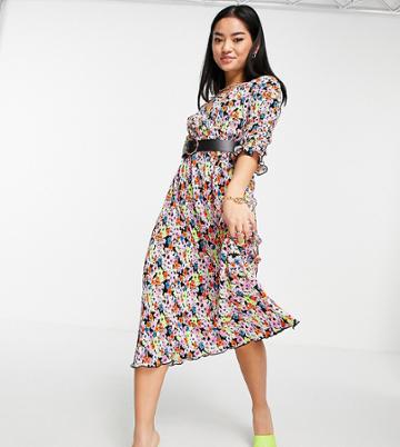 Asos Design Petite Plisse Wrap Midi Dress With Belt In Floral Print-multi