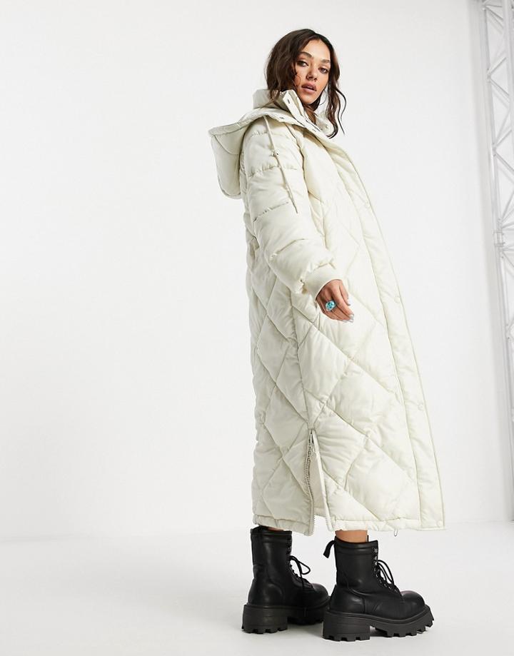 Topshop Longline Reversible Puffer Jacket With Hood In Cream-white