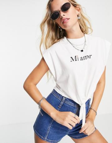 Asos Design T-shirt With Tie Front And Mi Amor Graphic Slogan In White