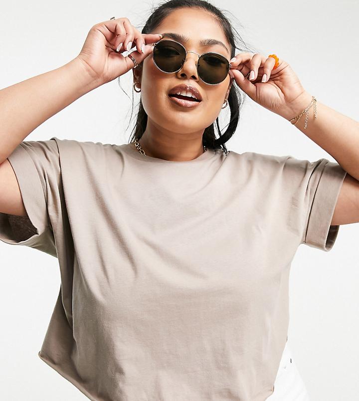 Asos Design Curve Cropped T-shirt With Roll Sleeves In Mushroom-neutral