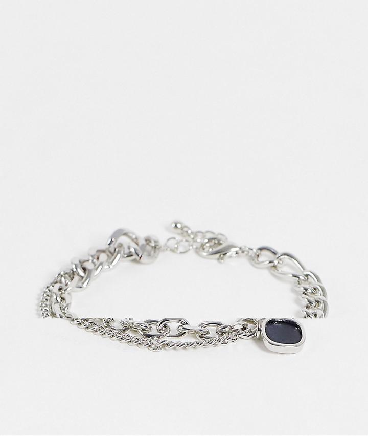 Asos Design 2 Pack Chain Bracelet Set With Black Agate Stone Charm In Silver Tone