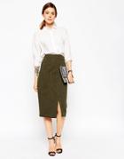 Asos Premium A-line Wrap Skirt With Pocket Detail - Khaki