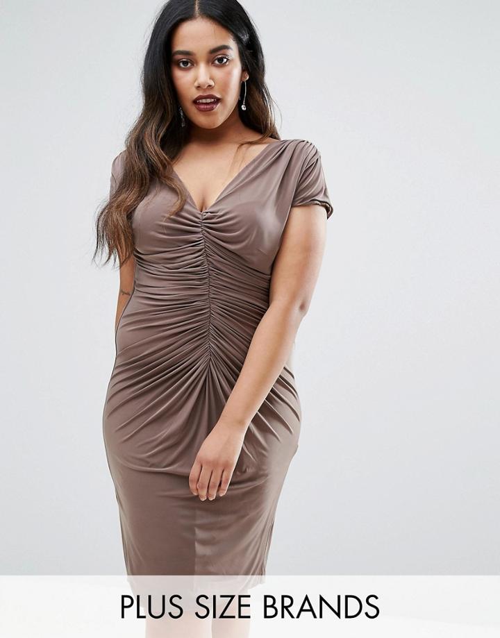 Goddiva Plus Dress With Ruched Detail - Beige