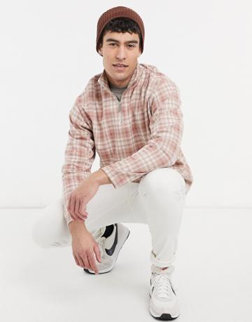 Topman Check 1/4 Zip Shirt In Pink