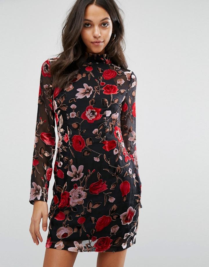 Missguided Floral Flocked Bodycon Mini Dress - Multi