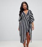 Prettylittlething Plus Tie Side Kimono Sleeve Midi Dress In Stripe - Black