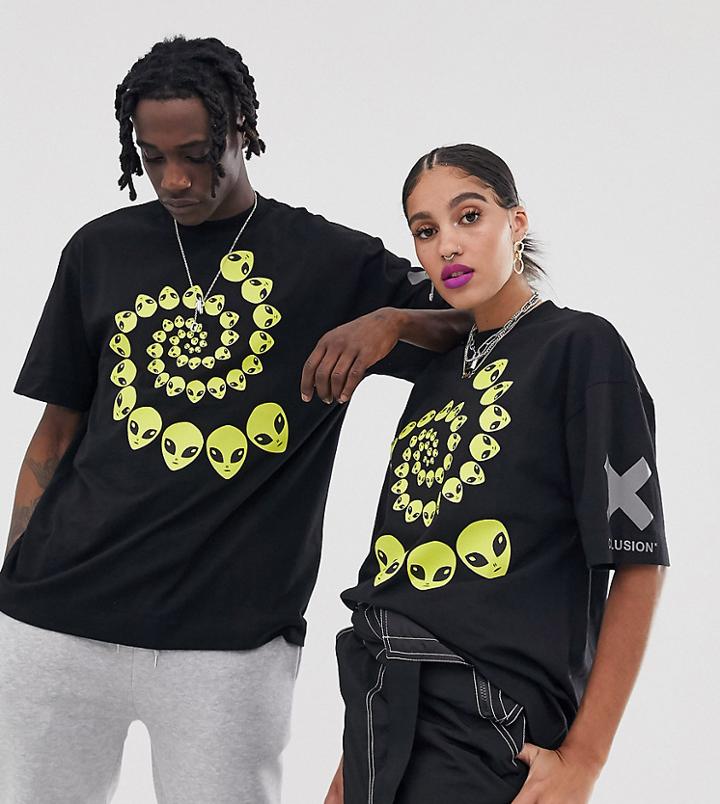 Collusion Unisex T-shirt With Alien Print - Black