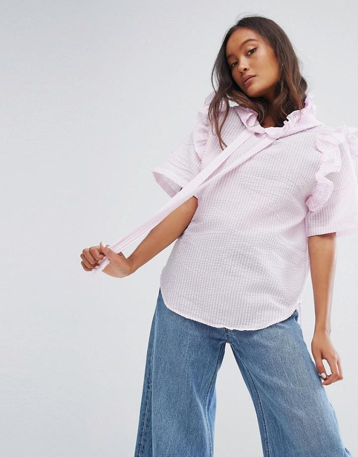 Stylenanda High Neck Blouse With Hood In Stripe - Pink