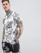 Religion Revere Collar Rayon Short Sleeve Shirt In Monochrome Flamingo Print - White