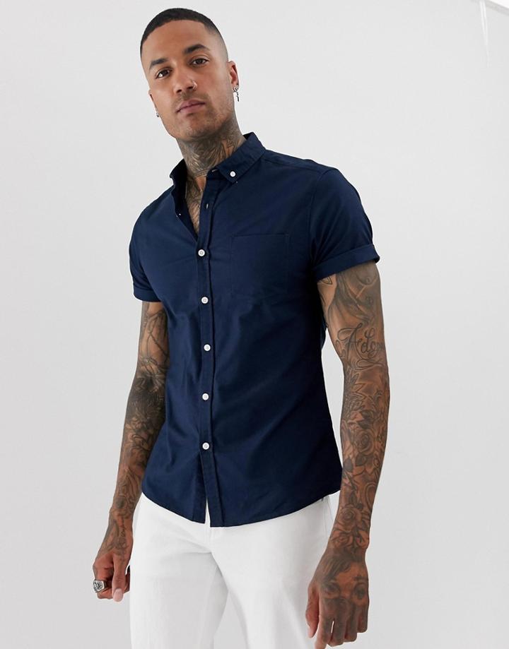 Asos Design Stretch Slim Casual Oxford Shirt In Navy