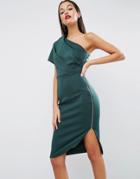Asos One Shoulder Scuba Deep Fold Midi Dress With Exposed Zip - Green