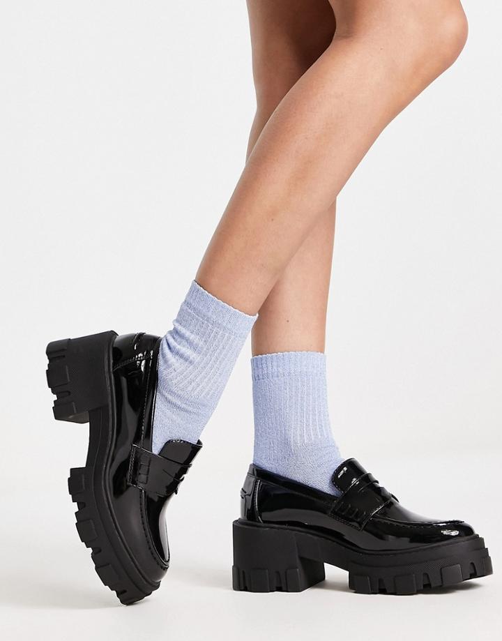 Asos Design Sloane Chunky Mid Heeled Loafers In Black Patent