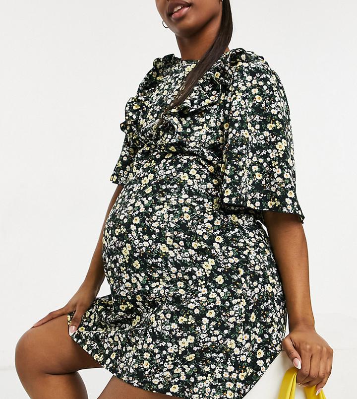 Fashion Union Maternity Mini Dress With Ruffle Sleeve In Ditsy Floral-black