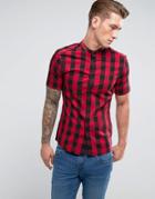Asos Skinny Buffalo Plaid Shirt With Grandad Collar - Red