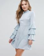 Influence Frill Sleeve High Neck Dress - Blue