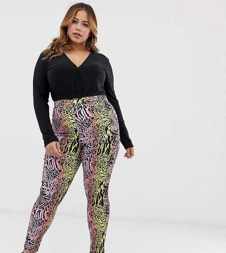 Asos Design Curve Rivington High Waisted Denim Jegging In Multi Animal Print - Multi