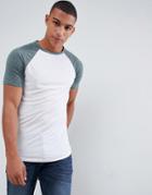 Asos Design Longline T-shirt With Curved Hem And Contrast Raglan Sleeves In Linen Mix In White - White