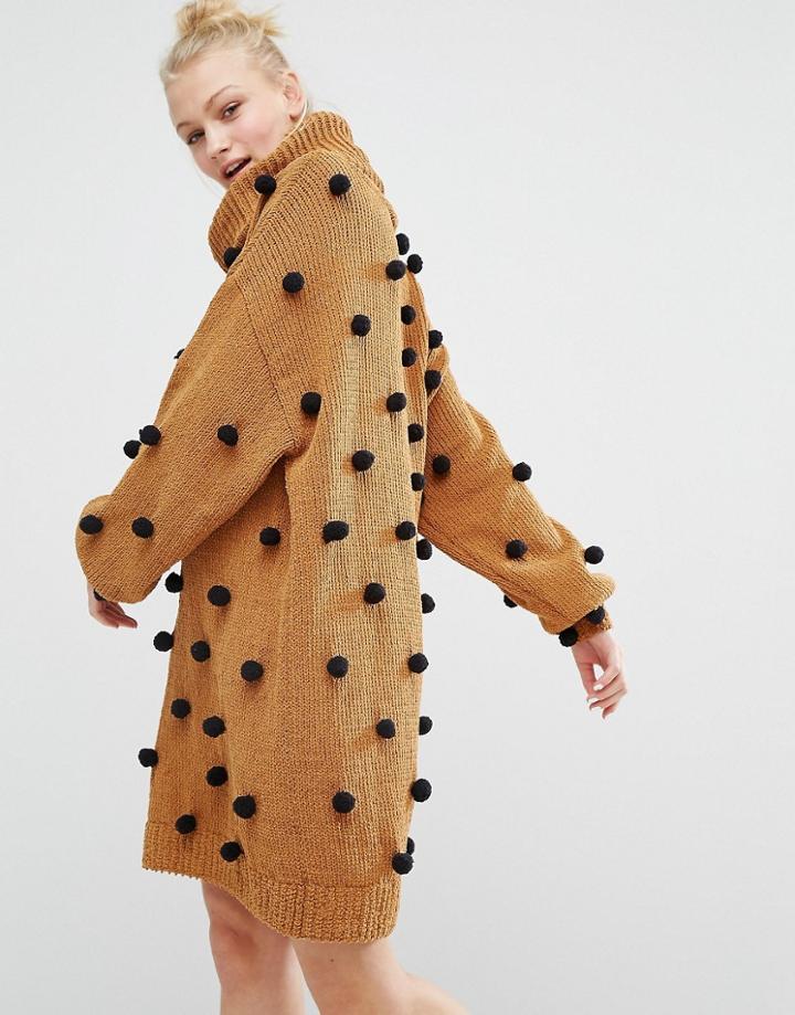 Monki Pom Pom Roll Neck Sweater Dress - Orange