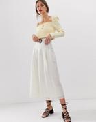 Asos Design Textured High Waist Midi Skirt With Wooden Buckle - White