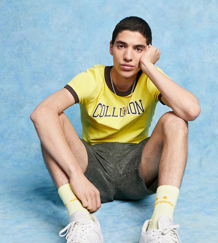 Collusion Unisex Vintage Cropped Fit T-shirt With Varsity Print-yellow