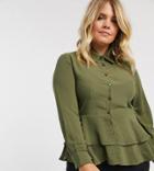 Verona Curve Long Sleeve Shirt With Frill Hem In Khaki