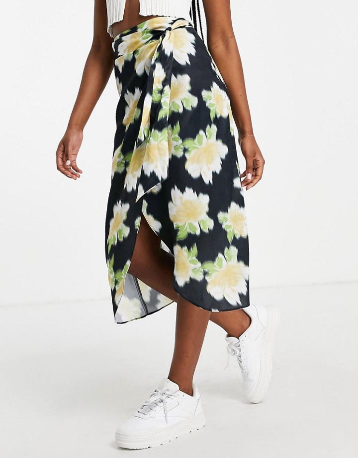 Miss Selfridge Satin Midi Skirt In Oversized Floral-black