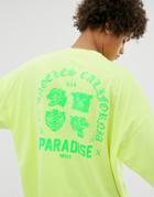 Asos Design Oversized T-shirt In Washed Neon With Neon Green Back Print - Yellow
