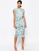 Asos Belted Midi Dress With Split Cap Sleeve In Occasion Floral - Multi