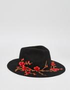 Asos Fedora Hat In Black With Embroidery - Black